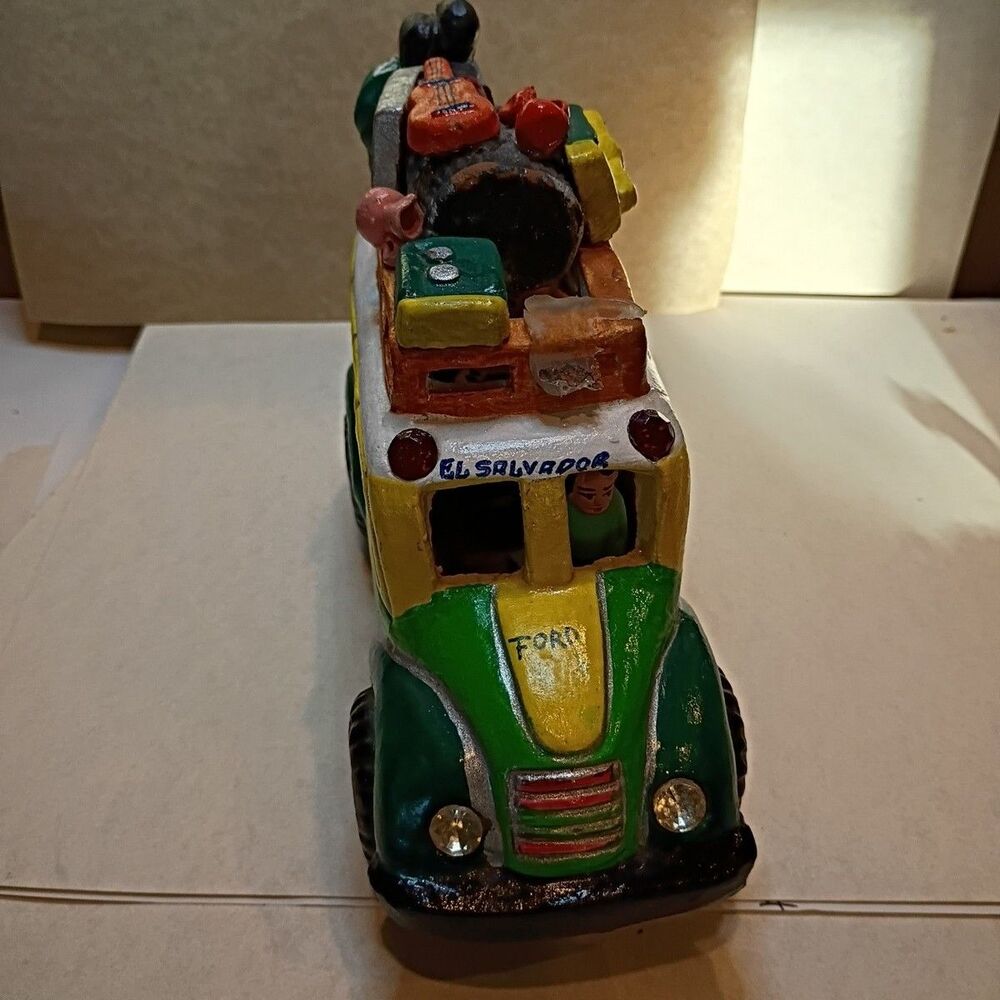 Vintage Hand Painted Terracotta Bus Folk Art Read